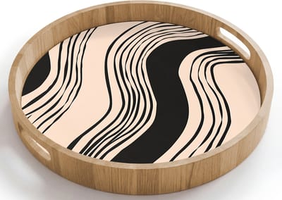 Dienblad rond 40x40 cm - Schootdienblad hout - Golven - Zwart - Zandkleur - Borrelplank rechthoek - Plateau houten dienbladen