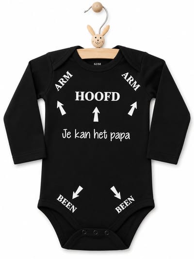 Baby Romper zwart met tekst bedrukking | Hoofd Arm Been pijlen je kunt / kan het pap / papa / pappie | lange mouw | zwart wit | maat 62/68 | I love vaderdag cadeau
