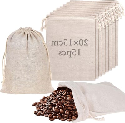 Set van 15 katoenen zakjes 20 x 15 cm, stoffen zakken met trekkoord, ideaal voor DIY-projecten, bruiloften, kerstdecoratie en cadeauverpakking