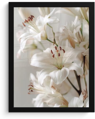 Poster in lijst - Fotolijst 30x40 cm - Posters - Lelies - Boekte - Wit - Meeldraden - Posterlijst zwart - Decoratie - Wanddecoratie woonkamer - Muurdecoratie slaapkamer