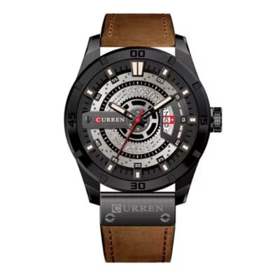 Curren 8301 - Herenhorloge - Quartz - Zilveren Wijzerplaat - Zwarte Kast - Bruine Leren Band - 44mm