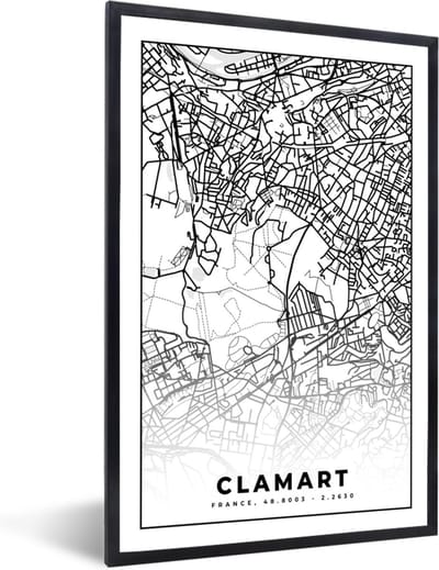 Fotolijst incl. Poster Zwart Wit- Frankrijk - Clamart - Plattegrond - Stadskaart - Kaart - Zwart wit - 40x60 cm - Posterlijst