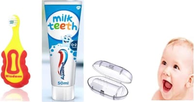 Wisdom Step By Step Babytandenborstel 0-2 jaar + Aquafresh Melktanden Babytandpasta 50ml + Sanitral Siliconen Babyvingertandenborstel - Set van 3
