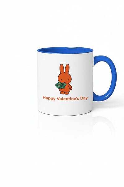 Valentijnsdag Mok met Schattig Konijn & Bloemen - Happy Valentine's Day Beker Blauw Wit