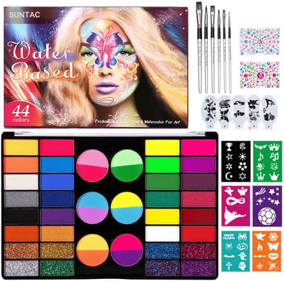 Suntac Schminkset - 44 Kleuren Schmink - Waterbasis - 6 Penselen & Sjablonen – Voor Carnaval, Halloween & Feestjes