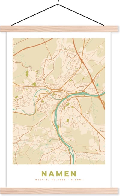 Posterhanger incl. Poster 40x60 cm - Schoolplaat - Kaart - Plattegrond - Stadskaart - België - Namen - Textielposter - Blanke latten - Stadskaart