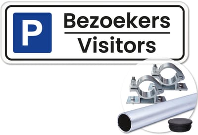Parkeerbord Bezoekers Visitors - met kader - Weerbestendig Aluminium - 40x15 cm - Bevestiging: Met paal 120 cm + paalbeugels + paaldop