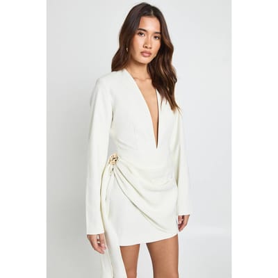 boohoo Dames Mini Jurk met Goudkleurige Afwerking en Wikkel Detail | Ivoor | Maat: 34