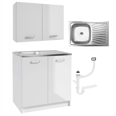 STAMAR - Keukenkast set 80 cm met RVS spoelbak - witte hoogglans onderkast en wandkast - keukenmeubel