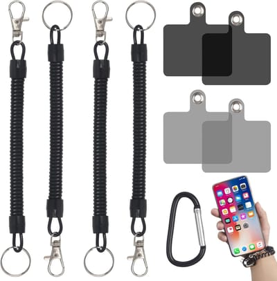 SnelShoppen - Set van 4 Telefoonbandjes met Karabijnhaak en 4 Patches, Zwart, Anti-Diefstal Bescherming, Elastische Koord voor Skiën, Wandelen, Fietse