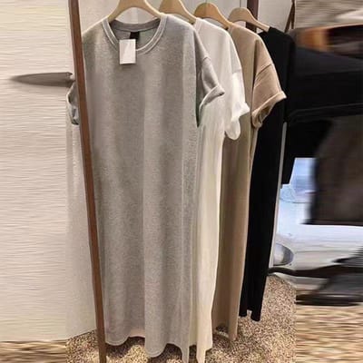 Zomer Nieuw Los T-shirt met Korte Mouwen Damesjurk Middellange en Lange Jurk Top Puur Katoen T-shirt Rok XXL gray