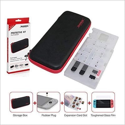 Dobe Beschermset Geschikt voor Nintendo Switch – 4-in-1 Kit: Opbergkoffer, Uitbreidingskaartsleuf, Rubberen Plug & Glas Screenprotector – Hoes & Tas – Bescherming Console – Compatibel met Switch