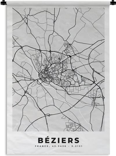 Wandkleed - Wanddoek - Kaart - Stadskaart - Béziers - Plattegrond - Frankrijk - 120x180 cm - Wandtapijt