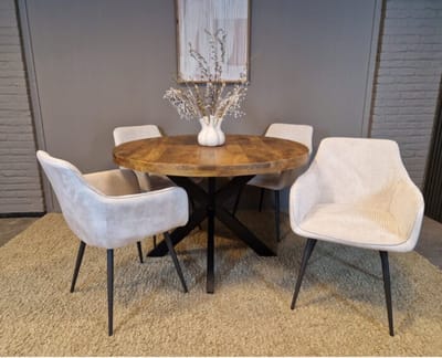 Combideal eetkamerset: ronde eettafel Mangohout 120 cm met 4 Kreta eetkamerstoelen met armleuning - ribstof Wit