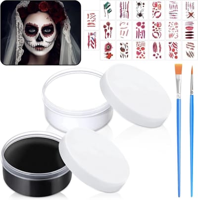 Halloween Make-Up in Zwart en Wit, Gezichtsverf met Kwast voor Clown, Theater, Carnaval en Feestjes