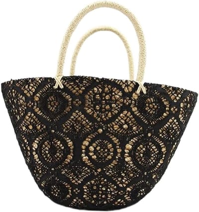 Schoudertas Strandtas - Gevlochten Tas - Zomerse Uitjes - Handgemaakt Design - 35x20cm - Zwart