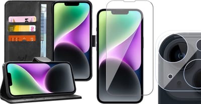 Hoesje geschikt voor iPhone 14 - Book Case Kunstleer Wallet Cover Portemonnee Pasjeshouder Hoes Zwart - Tempered Glass Screenprotector - Camera Lens Protector