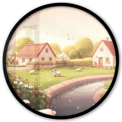 Poster in lijst Rond - Fotolijst 40x40 cm - Posters - Schapen - Huisje - Platteland - Ronde posterlijst zwart - Decoratie - Wanddecoratie woonkamer - Muurdecoratie slaapkamer