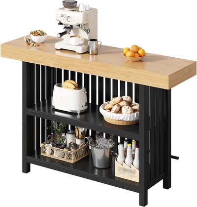 Keukeneiland met bar - Zwarte bartafel met voetsteun en ruim werkblad - Praktische opbergruimte met 2 planken - Voor keuken en thuisbar - MDF hout
