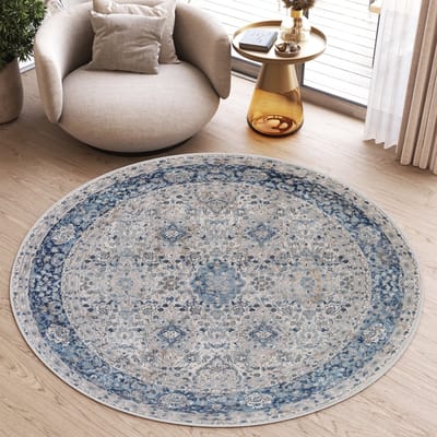 Tapiso Valley Rond Vloerkleed Blauw Laagpolig Vintage Tapijt Maat- 100x100