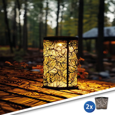 Solar tuinverlichting lantaarn Eron - Voordeelset van 2 stuks - Tafellamp en hanglamp - Warm wit licht - Bijzonder lichteffect - Buitenlamp op zonne-energie - Draagbaar - Waterdicht - Zwart - Metaal