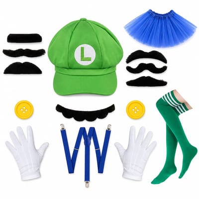 Daity 1 set - Super Bros-kostuumset met pet, snor en bretels voor Halloween – complete verkleedset voor cosplay en Kerstmis