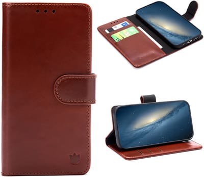 Casemania Echt Leren Hoesje Geschikt voor Apple iPhone 16e - Chestnut Brown - Leer Book Cover - Portemonnee Hoes met Pasjeshouder