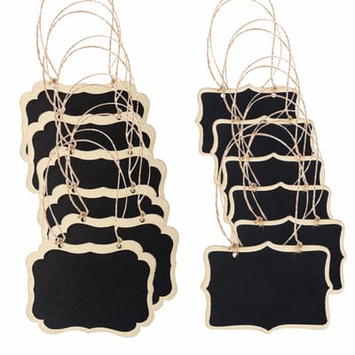 YAGXIG 12 Mini krijtbordlabels - Kleine houten krijtbordborden - Kleine hanglabels - Met touw - Ophangbaar - Voor berichtlabels, naamlabels voor eten, buffetborden, bruiloft- en restaurantdecoraties - 8,5*6 cm
