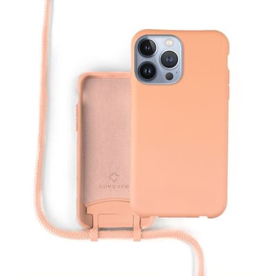 Coverzs Silicone case met koord - Telefoonhoesje met koord - Backcover hoesje met koord - touwtje - geschikt voor Apple iPhone 13 Pro Max - oranje