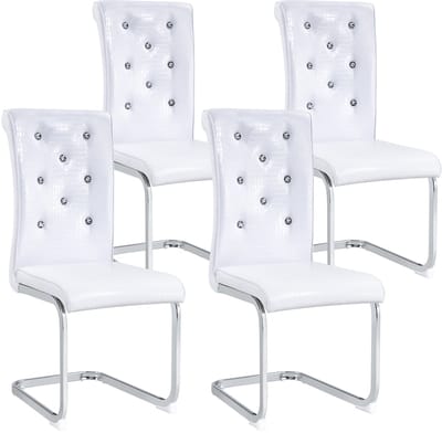 Eetkamerstoelen set van 4 - ROLIPO - witte kunstleren eetkamerstoel in krokodillenlook - retro design stoel met kristalknop en chroom metalen poten - keukenstoel / diningstoel - 57 x 41 x 101,5 cm