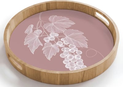 Dienblad rond 40x40 cm - Schootdienblad hout - Tros - Druiven - Illustratie - Bladeren - Borrelplank rechthoek - Plateau houten dienbladen