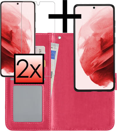 Hoesje - 2 in 1 - Geschikt voor Samsung Galaxy S21 - Met 2x Screenprotector - En Uitneembare Hard Cover - Bookcase - Wallet Case - Met Pasjeshouder - Book Case - Uitneembaar - Pashouder - Kunstleer - Donkerroze