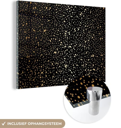 MuchoWow® Glasschilderij 120x90 cm - Schilderij acrylglas - Goud - Zwart - Stippen - Patronen - Foto op glas - Schilderijen