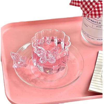 Enkellaags Transparant Glas Theeset Koffiekop met Onderzetter Chinees Eenvoudig Gestreept Narcissus Lady Roze Geschenkdoos 51-100ML