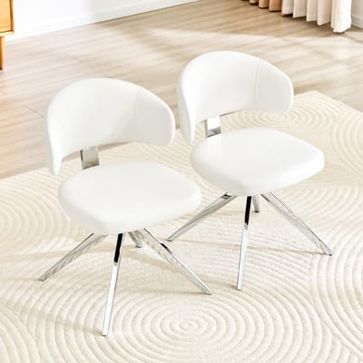 Eetkamerstoelen Set van 2 - Gebogen Rugleuning - PU Leren Zitting - Gestoffeerde Stoel - Draaibare Stoel - Metalen 4-Poots Frame - Keukenstoel - Woonkamerstoel - Bureaustoel - oor Woonkamer Keuken Kantoor - Wit