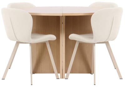 Strada eethoek uittrekbare tafel Ø120cm, 170cm en 4 stoelen whitewash, beige.