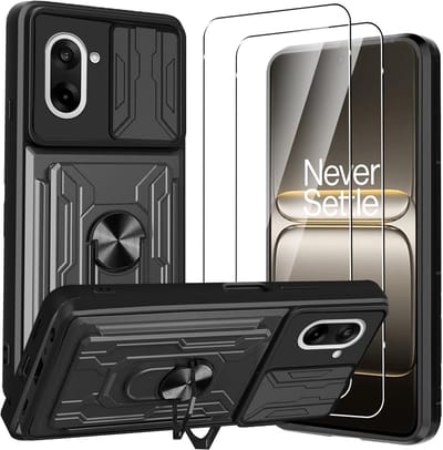 Hoesje + Glas Geschikt voor Oneplus Nord CE 5 - Zwart - Casemania Anti-Shock Hybrid Armor Back Cover en 2x Tempered Glazen Screenprotector - Extra Sterk Telefoonhoesje met Kickstand Ring en Camera Bescherming