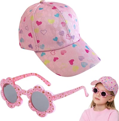 Zomerse Hoed met Zonnekap en Schattige Zonnebril Set voor Meisjes - Ademend en Verstelbaar - UV Bescherming en Modeaccessoire in Roze