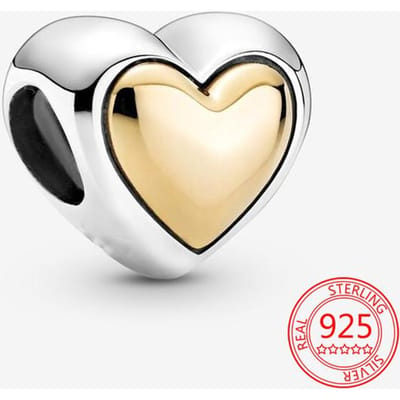 Authentiek 925 Sterling Zilver Dome Gouden Hart Hanger Bedel Past Originele Mode 3mm Armband DIY Kralen Sieraden Cadeau Maken beige