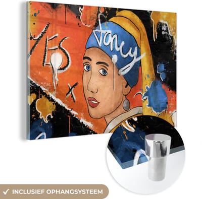 MuchoWow® Glasschilderij 120x80 cm - Schilderij acrylglas - Meisje met de Parel - Street art - Kunst - Foto op glas - Schilderijen