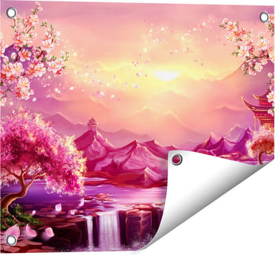 Gards Tuinposter Illustratie van Watervallen met Bloesems - 50x40 cm - Tuindoek - Tuindecoratie - Wanddecoratie buiten - Tuinschilderij