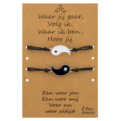 Vriendschapsarmbandjes voor 2 "Waar jij gaat, volg ik" - Yin Yang - BFF Armbandjes met Persoonlijk Cadeau Kaartje - Zilverkleurig - Elastisch Verstelbaar - Pax Amare