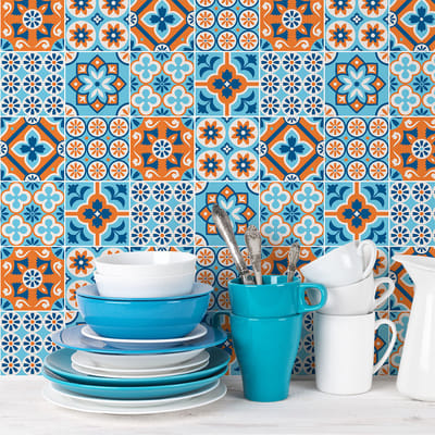 Zelfklevende tegelmuurstickers voor keuken en badkamer - 60 cementtegelstickers, Azulejos Alemina - 60 stickers, 20x20cm
