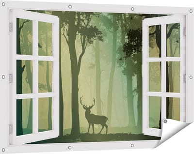 Gards Tuinposter Doorkijk Hert in het Bos - Silhouet - 120x80 cm - Tuindoek - Tuindecoratie - Wanddecoratie buiten - Tuinschilderij
