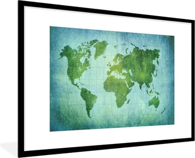Poster in lijst - Fotolijst 90x60 cm - Posters - Wereldkaart - Perkament - Groen - Kindje - Jongens - Meisjes - Posterlijst zwart - Decoratie - Wanddecoratie woonkamer - Muurdecoratie slaapkamer