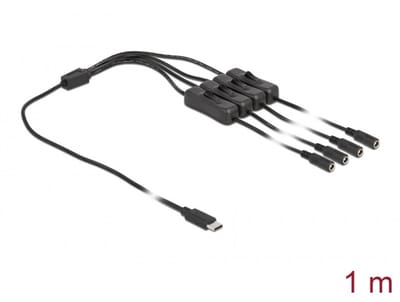 USB-C - 4x DC plug splitter | 5,5 x 2,1mm | max. 5V/3A (15W) | schakelaars | zwart | 1 meter