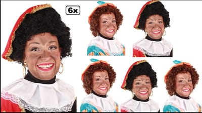 6x Mix Luxe Pieten pruik kroes bruin en krul zwart - verstelbare kap en wasbaar - Sinterklaas feest thema feest Sint en Piet