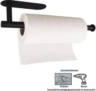 Janse® Metalen keukenrolhouder - Standaard voor keukenrol - Zelfklevend of boren - Keukenrolhouder zwart met schroeven en/of plakstrip - Keuken - Keukenaccessoires