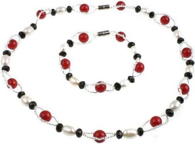 Zoetwaterparel set met kristallen Santa - parelketting + parel armband - magneetslot - wit - zwart - rood - sieraden zakje