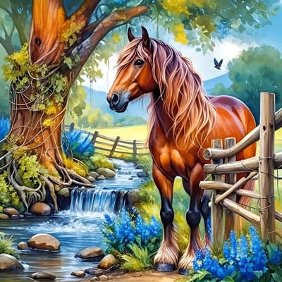diamond painting paard in de wei, wachtend op wat hij in de verte hoort ,leuk om te maken of te geven 20 x 20 cm